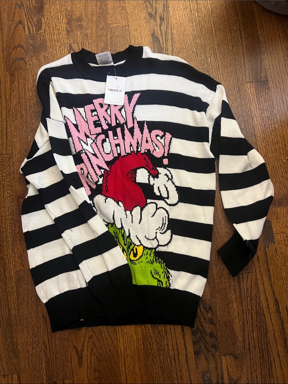 Forever 21 Black & White Striped Grinch Graphic Crewneck Sweater with Pink Text